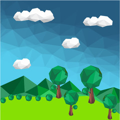 Abstract polygonal green landscape with trees on the mountain. Vector graphic background.