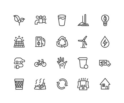Simple Set of Eco energy Related Vector Line Icons. Contains such Icons as Electric car, nuclear plant, rubbish dump, wind power, solar panels, green energy. Editable Stroke. 48x48 Pixel Perfect.