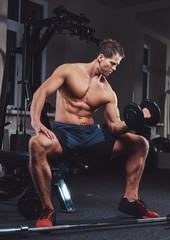 Fototapeta na wymiar Muscular shirtless athlete doing exercise with dumbbells while sits on a bench in the gym.
