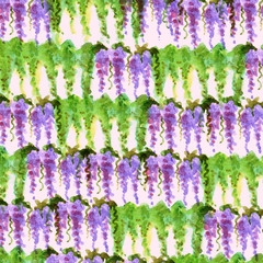purple flowers vale lavender greens leaves watercolor pattern isolated on white background