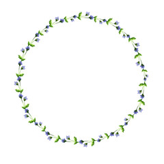 watercolor blue cute flowers small shades of greens nature painted wreath isolated on white background