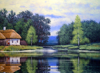 Oil paintings rural landscape. Fine art.
