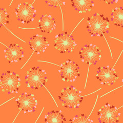 Dandelion isolated vector seamless valentine background pattern. Meadow flower illustration with heart shaped fluff. Floral pattern with dandelion blowing flower isolated. Blossom with love symbols.
