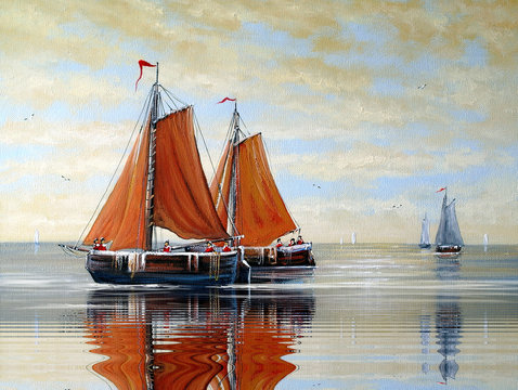 Oil paintings sea landscape. Ships, boats, fisherman.  Fine art.