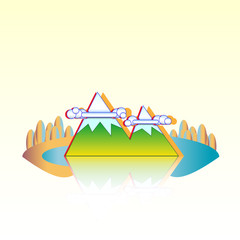 Island lake mountains and forest. Vector island landscape illustration