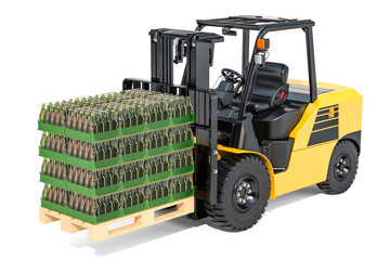 Wooden pallet with glass bottles wrapped in the shrink film on the forklift truck, 3D rendering