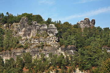 Bastei at Elbe sandstone mountains near Rathen village. Saxon Switzerland National Park. Germany