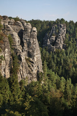 Fototapeta na wymiar Bastei at Elbe sandstone mountains near Rathen village. Saxon Switzerland National Park. Germany