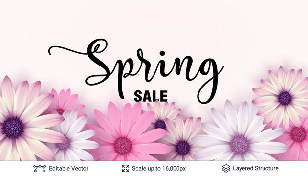 Spring season flowers and sale text.