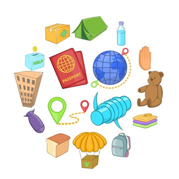 Refugees icons set. Cartoon illustration of 16 refugees vector icons for web