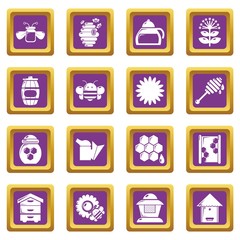 Apiary honey icons set vector purple square isolated on white background 