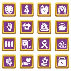 Charity icons set vector purple square isolated on white background 