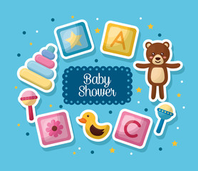 baby shower celebration many toys blue background born boy happy day vector illustration