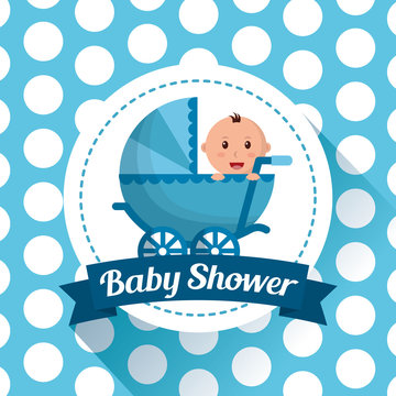 baby shower celebration dots background babe carriege boy smiling happy vector illustration