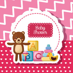 baby shower card stripe pink background cute bear many   toys girl born vector illustration