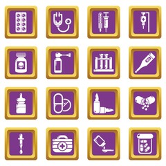 Drug medicine icons set vector purple square isolated on white background 