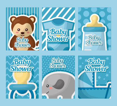 baby shower card labels boy born elephant bear clothe pacifier bottle milk babe carriege vector illustration