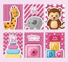 Fototapeta premium baby shower card stickers toys giraffe elephant monkey cube flowers girl day vector illustration