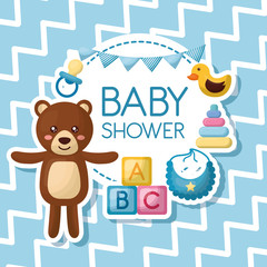 baby shower card bear smiling bib duck many toys blue pennants vector illustration