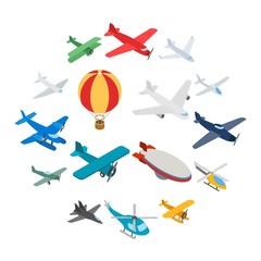 Aviation icons in isometric 3d style. Planes set isolated vector illustration