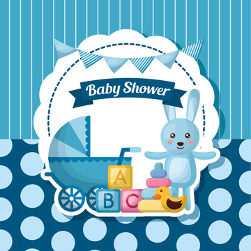 baby shower card blue rabbit babe carriege stripes background toys vector illustration