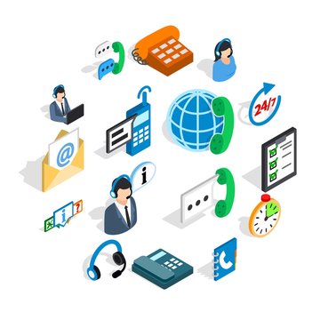 Call center icons in isometric 3d style. Phone service set collection isolated vector illustration
