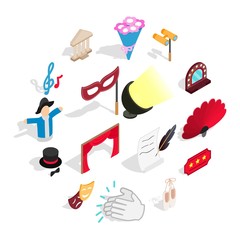 Theatre icons set in isometric 3d style. Theatre acting performance elements set collection vector illustration
