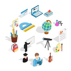 Isometric education icons set. Universal education icons to use for web and mobile UI, set of basic education elements isolated vector illustration
