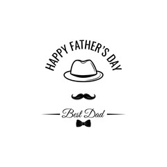 Happy Fathers Day card. Bowler hat, Mustache, Bow tie. Best dad lettering. Greeting card. Vector.