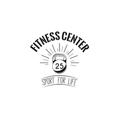 Kettlebell icon. Fitness center logo label emblem. Sport sign. Sport for life lettiring. Vector.