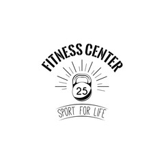 Kettlebell icon. Fitness center logo label emblem. Sport sign. Sport for life lettiring. Vector.