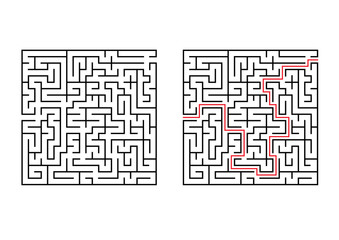 Abstract square maze. Simple flat vector illustration isolated on white background. With the answer.