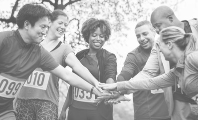 Team of diverse people ready for a race