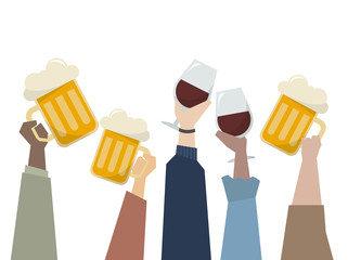 Illustration of hands holding alcohol drinks