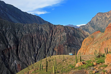 Old german vintage campervan on overlooking platform in Cotahuasi Canyon, Peru, South America