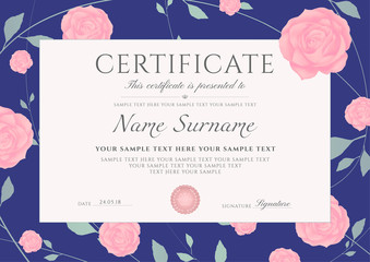 Certificate of completion template with flowers blue Roses and Green floral pattern frame (leaves). Design useful for diploma, invitation, gift voucher, coupon or different Eco friendly awards. Vector