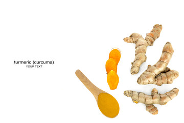Fresh turmeric and powder in a wooden spoon on a white background with clipping paths.