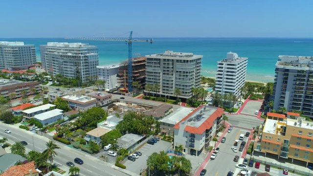 Lateral motion aerial drone hyperlapse Miami Beach Collins Avenue condominiums