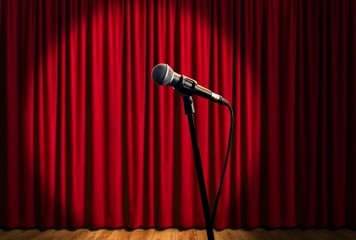 microphone on stage under spotlights with red curtain