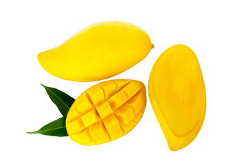 Yellow mango with leaves isolated on white background.