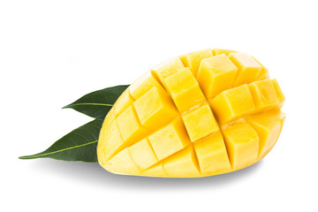 Mango fruit with mango cubes and slices. Isolated on a white background.