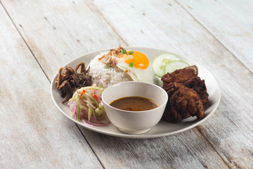malaysian fried chicken rice with anchovies and egg