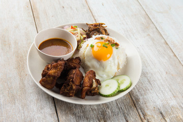 malaysian fried chicken rice with anchovies and egg