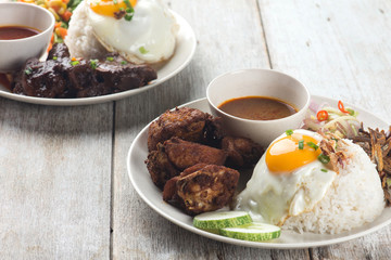 malaysian fried chicken rice with anchovies and egg