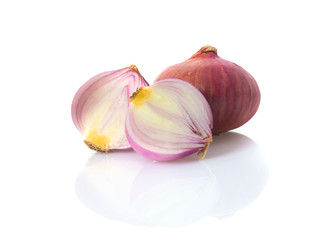 slice of red onion on white background