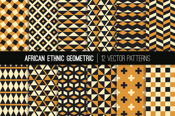 
African Ocher, Black and White Geometric Vector Patterns. Ethnic Textile Print in Mud Cloth Colors. Tribal Backgrounds. Set of Bold Native Textures. Pattern Tile Swatches Included.