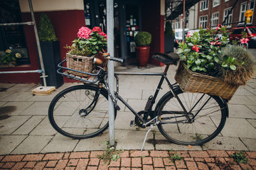 Fototapeta na wymiar urban scene with bicycle parked on city street in hamburg, germany