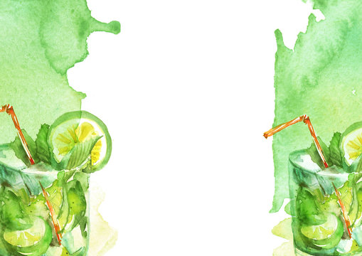 Watercolor drawing - cocktail of fruits, circe, lemon slice, lime, mint, ice. Cool drink with ice. Watercolor card, greeting card of green, yellow, abstract spot. Splash, bright streaks of paint. 