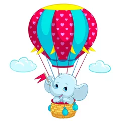 Verduisterende gordijnen Dieren in luchtballon Olifant baby op hete luchtballon cartoon vectorillustratie voor kind verjaardag wenskaarten of T-shirt print ontwerpsjabloon. Platte schattige kleine olifant die op luchtballon reist met hartvlaggen