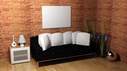 Horizontal empty canvas hanging on the wall - 3D rendering